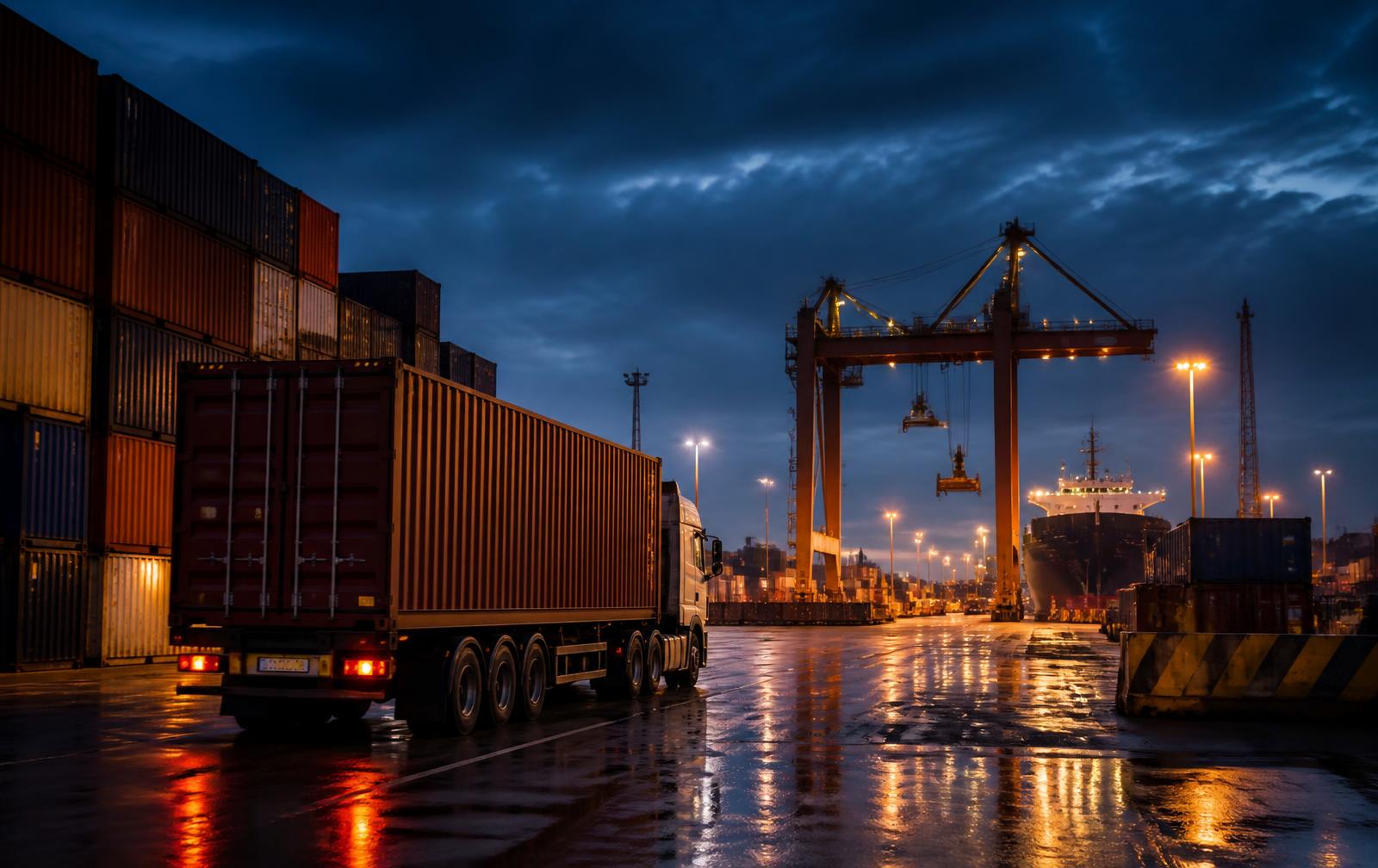 Container port at dusk with an articulated lorry leaving the terminal